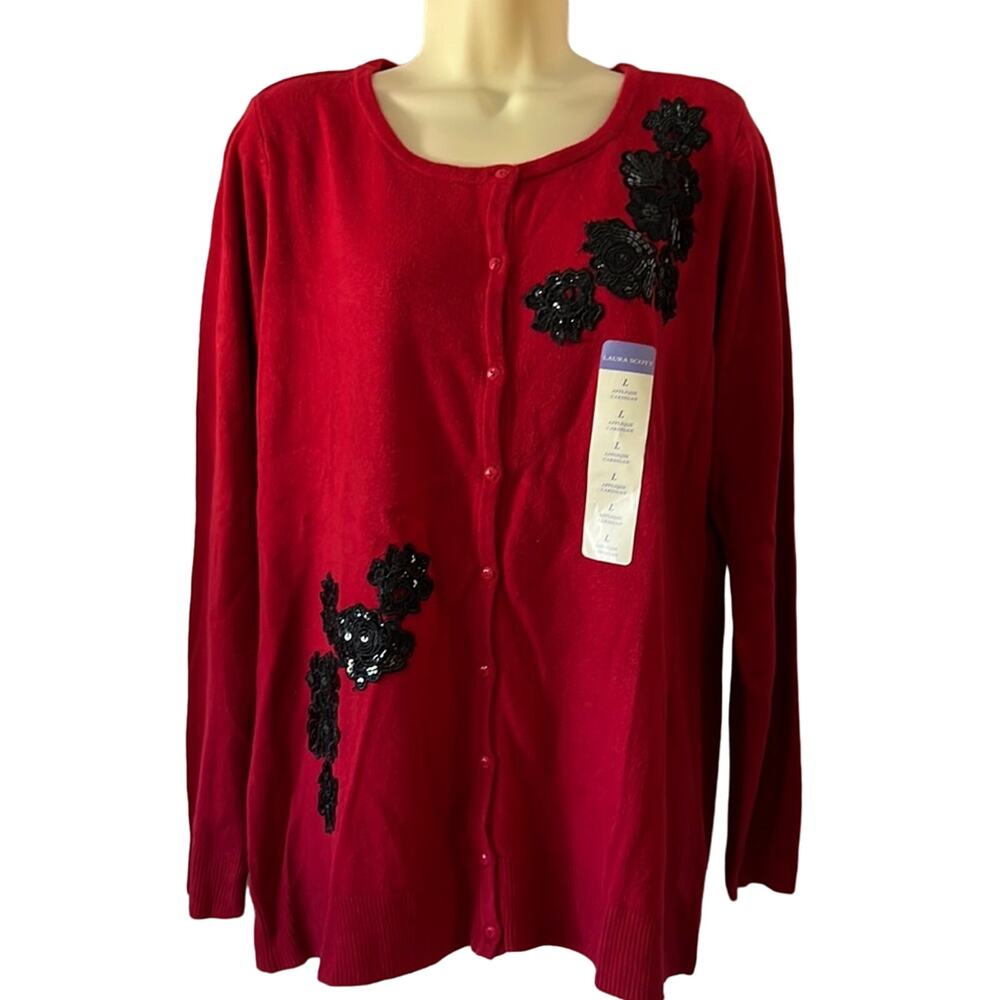 Laura Scott size L Red Cardigan Sweater with Black Sequin Embellished Appliqués